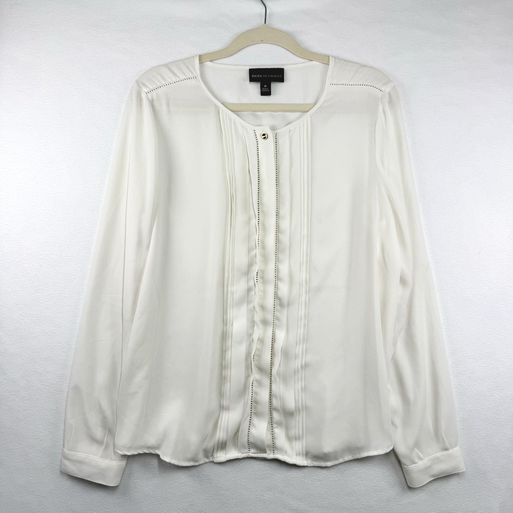 Dana Buchman Womens Off White Pintuck Openwork Long Sleeve Blouse Size 14 Ivory